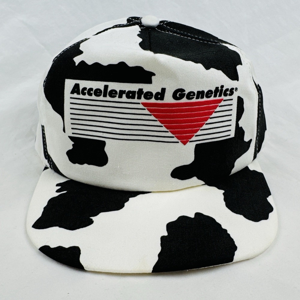 Vintage Accelerated Genetics Cow Print Snapback Hat USA Made Farm Dairy Cap